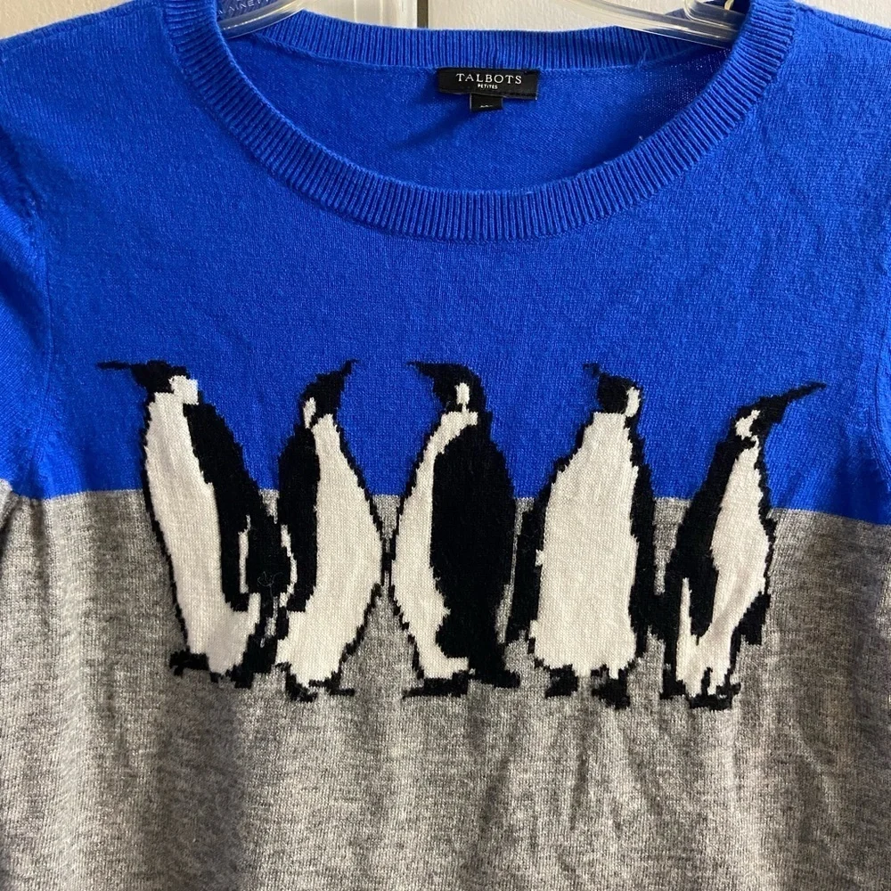 Talbots penguin sweater lambs wool blend blue grey Medium petite